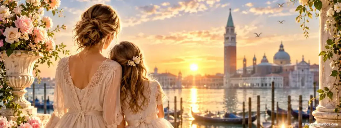 Mutter und Kind blicken gemeinsam auf die Lagune von Venedig bei Sonnenuntergang (KI-generiertes Motiv)