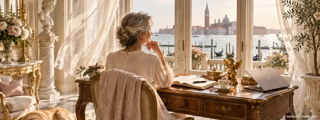 Frau am Schreibtisch mit Blick auf die Lagune von Venedig (KI-generiertes Motiv)