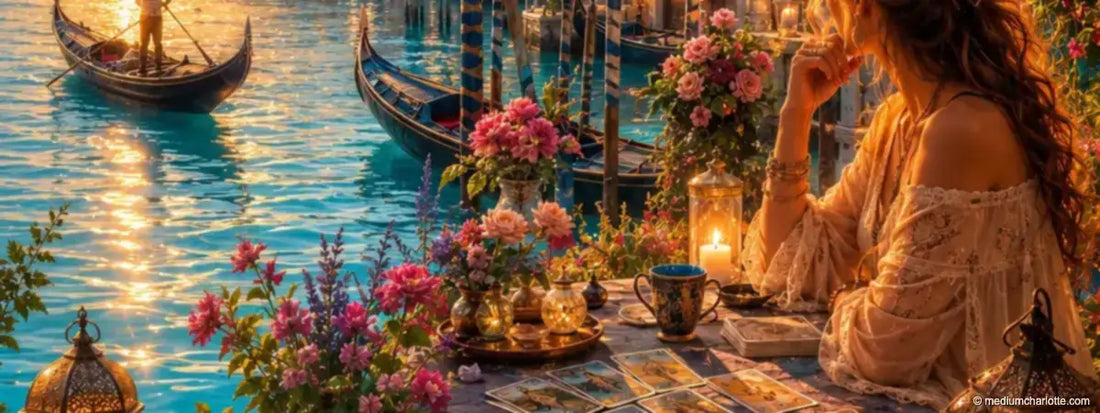 Kartenlegerin mit Laternen und venezianischer Maske am Kanal in Venedig bei Abendsonne (KI-generiertes Motiv)