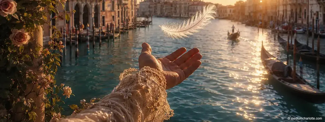 Hand lässt eine Feder über dem Canal Grande in Venedig los (KI-generiertes Motiv)