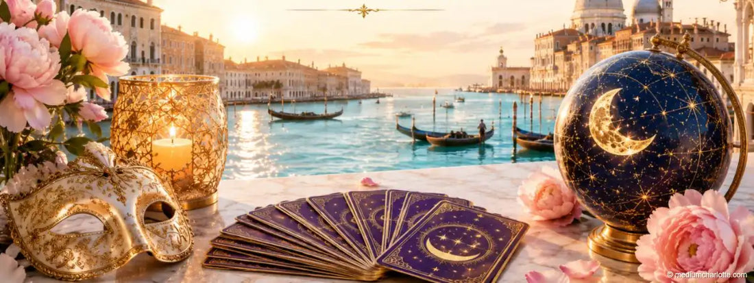 Mondkugel, Karten, Kerze und Rosen auf einem Marmortisch vor Venedig (KI-generiertes Motiv)