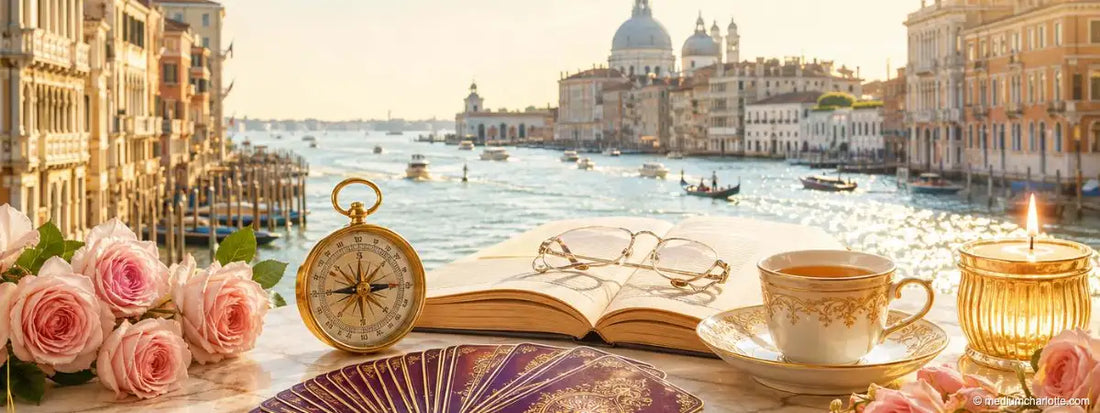 Taschenuhr, Brille, Teetasse und Karten vor der Lagune von Venedig (KI-generiertes Motiv)