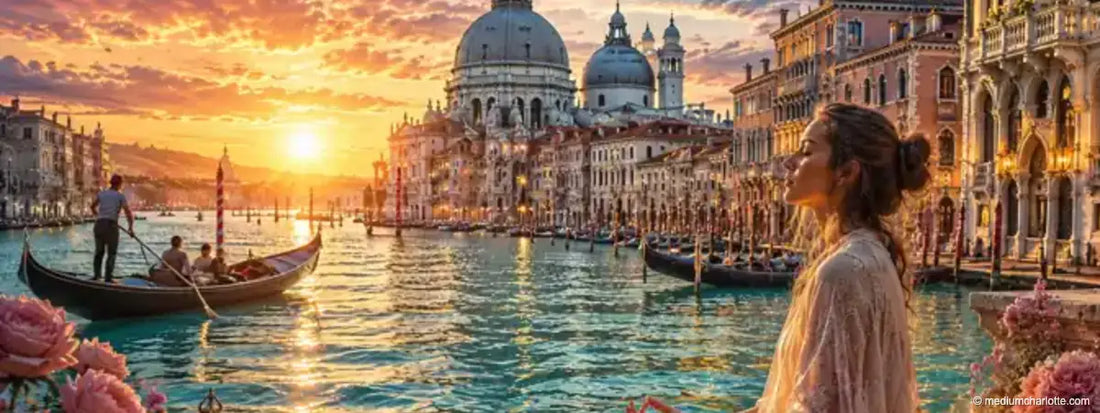 Frau meditiert zwischen Kerzen und Rosen am Canal Grande in Venedig bei Sonnenuntergang (KI-generiertes Motiv)