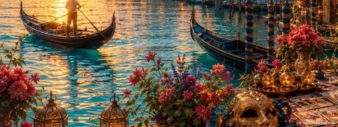 Karten, venezianische Maske, Laternen und Blumen auf einem Tisch am Kanal in Venedig bei Abendsonne (KI-generiertes Motiv)