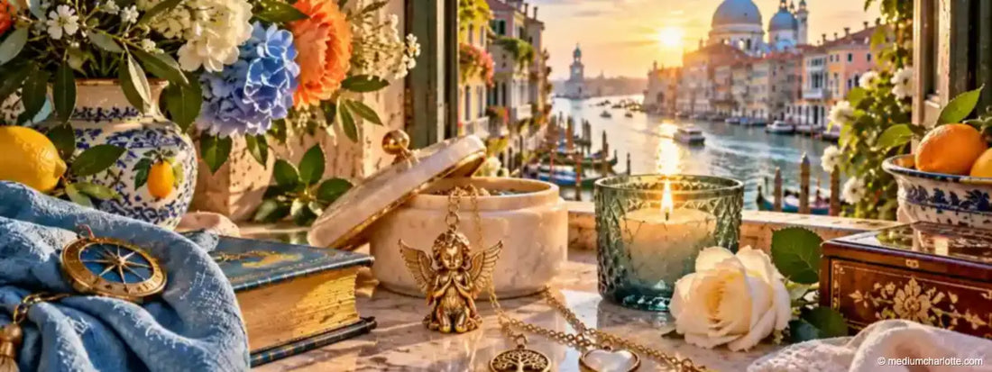 Schmuckstücke und Blumen auf einem Tisch mit Blick auf den Canal Grande (KI-generiertes Motiv)