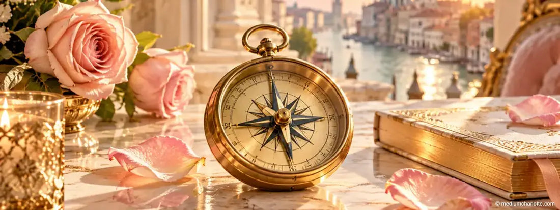 Goldener Kompass, Buch und Rosen auf einem Marmortisch vor Venedig (KI-generiertes Motiv)