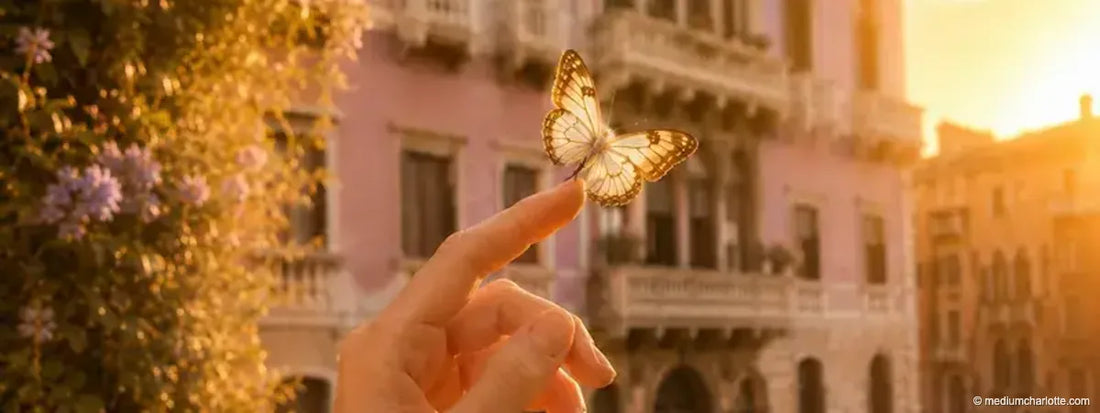 Schmetterling auf einer Fingerspitze vor einem venezianischen Palazzo im warmen Licht (KI-generiertes Motiv)