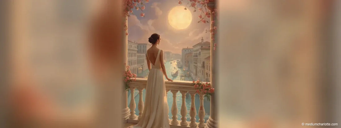 Frau auf einem venezianischen Balkon unter dem Vollmond (KI-generiertes Motiv)