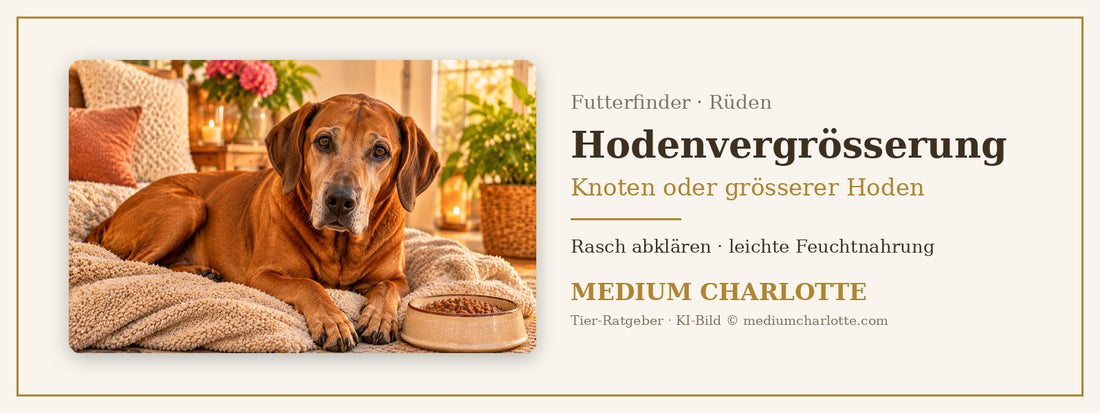 Hodenvergrösserung beim Rüden – älterer Rhodesian Ridgeback liegt ruhig auf einer Decke, daneben ein Napf mit Feuchtfutter