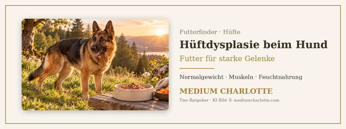 Hüftdysplasie beim Hund – Deutscher Schäferhund steht im Abendlicht auf einer Wiese neben seinem Futternapf