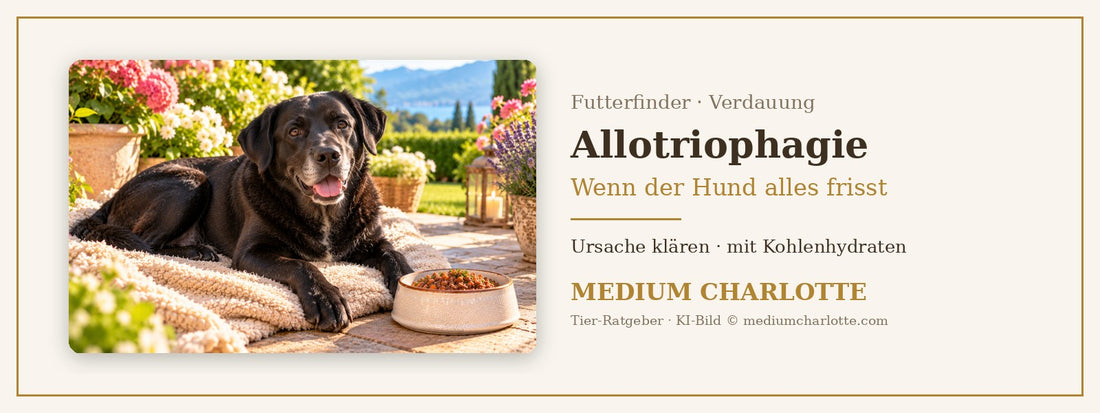Allotriophagie beim Hund – Labrador-Mischling liegt zufrieden auf einer Decke im Garten, daneben ein Napf mit Feuchtfutter