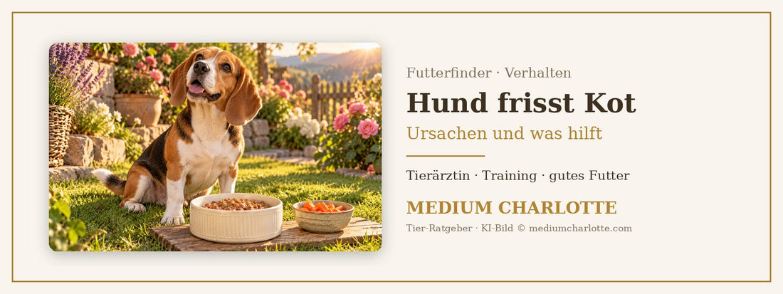 Hund frisst Kot – fröhlicher Beagle sitzt im Garten neben seinem Futternapf und einer Schale Karotten