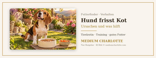 Hund frisst Kot – fröhlicher Beagle sitzt im Garten neben seinem Futternapf und einer Schale Karotten