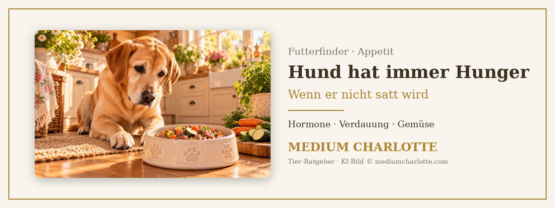 Hund hat immer Hunger – Labrador liegt erwartungsvoll in einer hellen Küche vor einem Napf mit Feuchtfutter und Gemüse