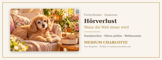Hörverlust beim Hund – älterer Zwergpudel liegt entspannt auf einem Sessel, daneben ein Napf mit Feuchtfutter