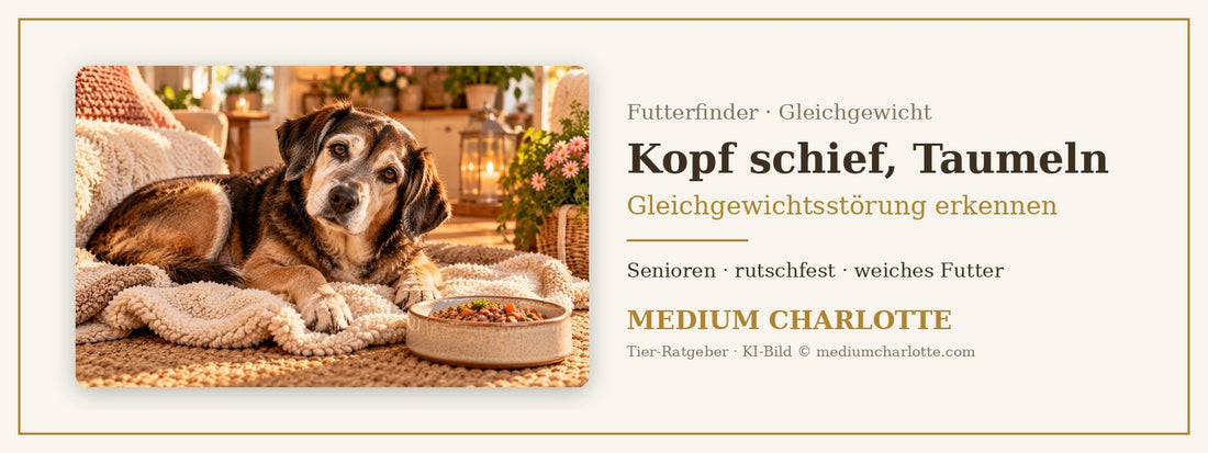 Hund hält Kopf schief – ältere Mischlingshündin liegt ruhig auf einer weichen Decke auf rutschfestem Teppich, daneben ein flacher Napf