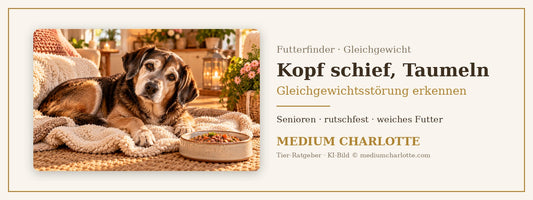 Hund hält Kopf schief – ältere Mischlingshündin liegt ruhig auf einer weichen Decke auf rutschfestem Teppich, daneben ein flacher Napf