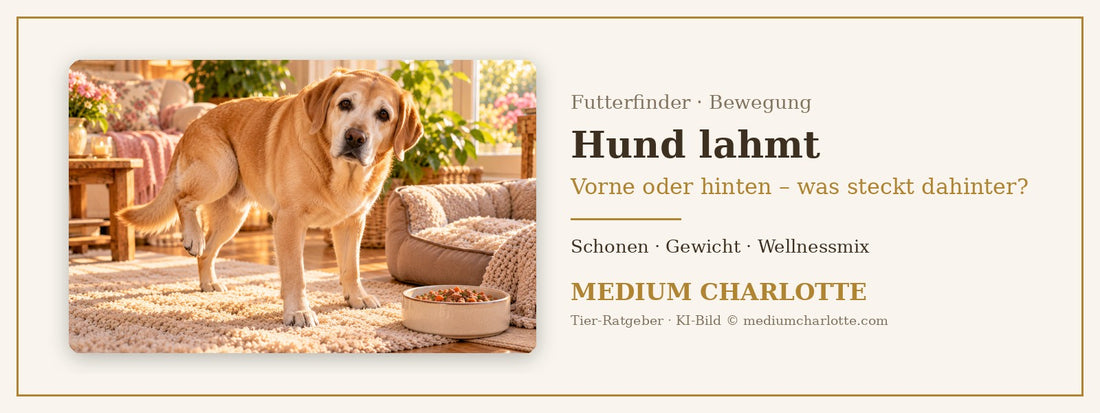 Hund lahmt – älterer Labrador steht auf einem weichen Teppich im Wohnzimmer und hebt vorsichtig eine Pfote an, daneben ein Hundebett und ein Napf