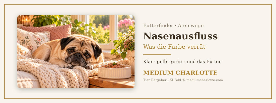Nasenausfluss beim Hund – Mops ruht auf einer hellen Decke am Fenster, daneben ein Napf mit Feuchtfutter
