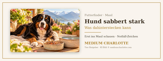 Hund sabbert – Berner Sennenhund liegt auf einer Terrasse auf einer Decke, daneben ein Napf mit Feuchtfutter und eine Wasserschale
