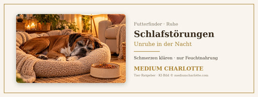 Schlafstörungen beim Hund – älterer Boxer liegt abends auf einem weichen Hundebett im warmen Lampenlicht, daneben ein Napf mit Feuchtfutter