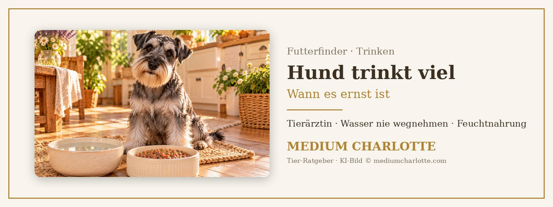 Hund trinkt viel – Mittelschnauzer sitzt in einer hellen Küche neben seiner Wasserschale und seinem Futternapf