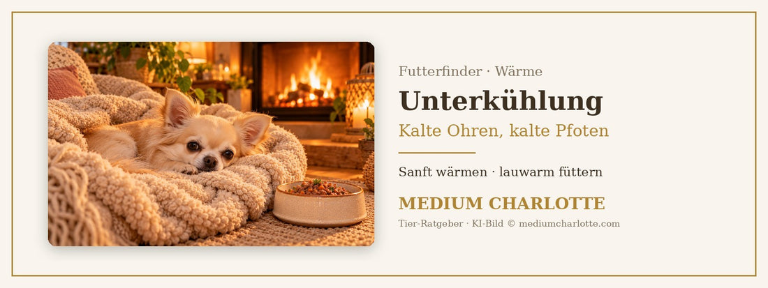 Hypothermie beim Hund – Chihuahua liegt eingekuschelt in einer weichen Wolldecke, daneben ein kleiner Napf mit Feuchtfutter
