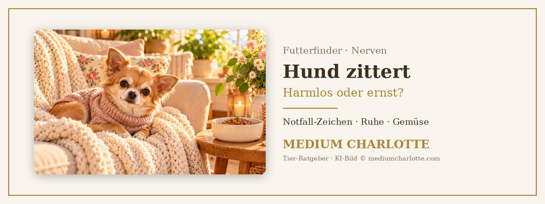 Hund zittert – kleiner Chihuahua im Strickpullover liegt eingekuschelt in einer warmen Decke auf einem Sessel, daneben ein Napf