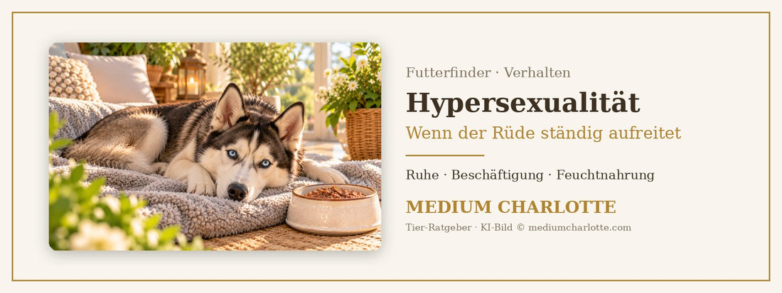 Hypersexualität beim Rüden – junger Siberian Husky liegt entspannt auf einer Decke im Wohnzimmer, daneben ein Napf mit Feuchtfutter