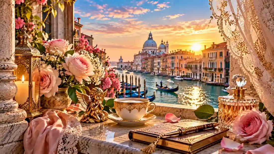 Innere Schönheit strahlt nach aussen – venezianische Morgenszene mit Engel, Kaffeetasse, Rosen und Tagebuch am Canal Grande