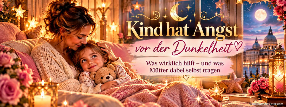 Mutter kuschelt abends mit ihrer Tochter und einem Teddybär im Bett, vor dem Fenster Venedig im Mondlicht – Kind hat Angst vor der Dunkelheit