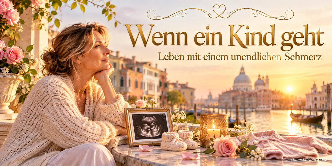 KI-erstelltes Bild: Mutter in Venedig im Abendlicht mit Ultraschallbild, Babyschuhen und Kerze – Wenn ein Kind geht