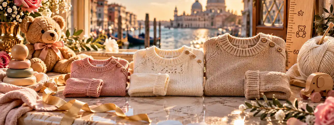 Drei Kinderpullover aus Merinowolle in aufsteigenden Grössen nebeneinander auf Marmor, mit Messlatte und Blick auf den Canal Grande