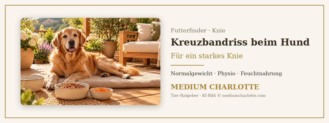 Kreuzbandriss beim Hund – Golden Retriever liegt entspannt auf einer Terrasse neben seinem Futternapf