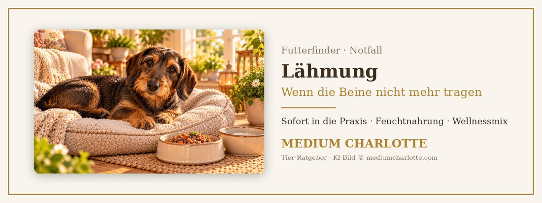 Lähmung beim Hund – Dackel liegt auf einer weichen orthopädischen Decke, daneben ein Napf mit Feuchtfutter
