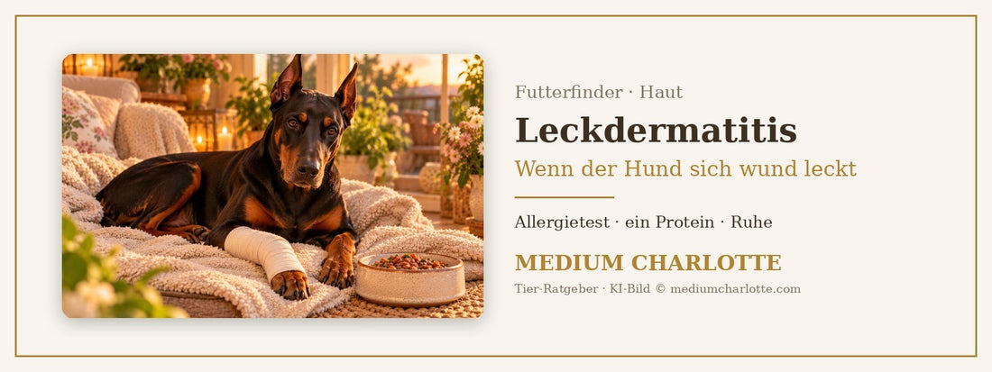 Akrale Leckdermatitis – Dobermann liegt ruhig auf einer Decke im Wohnzimmer, ein Vorderbein ist mit einem weichen Verband geschützt, daneben ein Napf mit Feuchtfutter