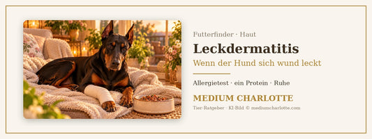 Akrale Leckdermatitis – Dobermann liegt ruhig auf einer Decke im Wohnzimmer, ein Vorderbein ist mit einem weichen Verband geschützt, daneben ein Napf mit Feuchtfutter