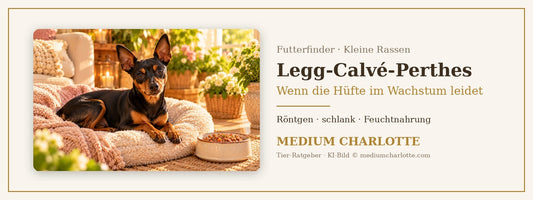 Legg-Calvé-Perthes beim Hund – junger Zwergpinscher liegt auf einem weichen Kissen, daneben ein kleiner Napf mit Feuchtfutter