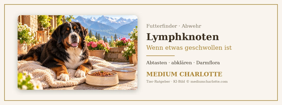 Geschwollene Lymphknoten beim Hund – Berner Sennenhund liegt ruhig auf einer Decke auf der Terrasse, daneben ein Napf mit Feuchtfutter