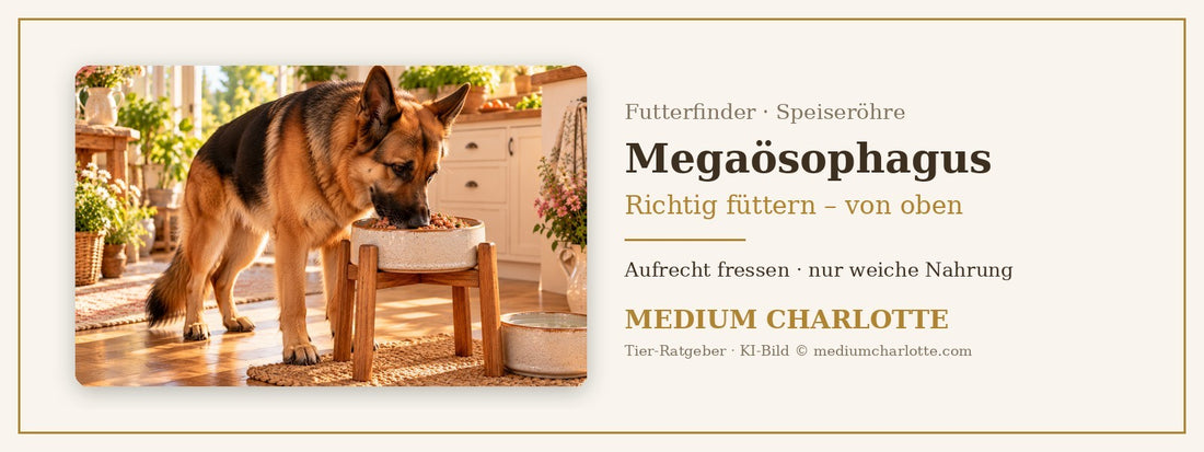 Megaösophagus beim Hund – Deutscher Schäferhund frisst aufrecht aus einem erhöhten Napf mit weicher Feuchtnahrung