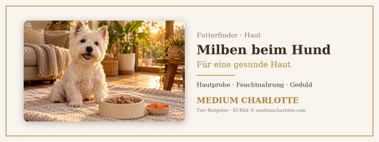 Milben beim Hund – West Highland White Terrier mit dichtem weissem Fell sitzt auf einem Teppich neben seinem Futternapf