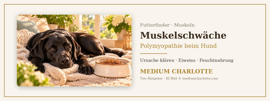 Muskelschwäche beim Hund – junger Labrador liegt auf einer weichen Decke im Wohnzimmer, daneben ein Napf mit Feuchtfutter