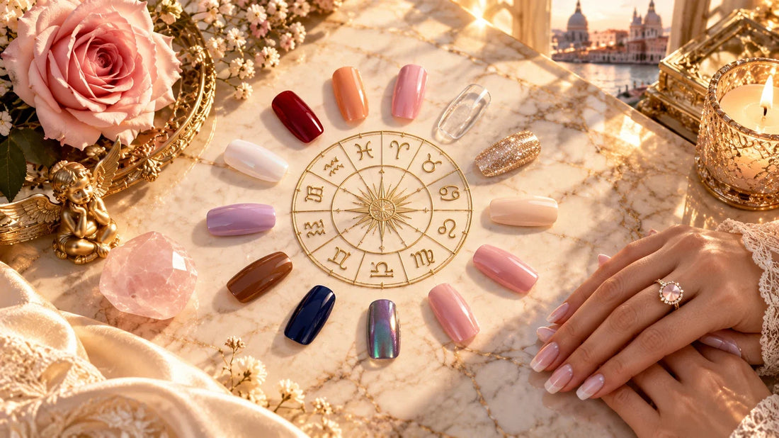 Zwölf Nagelfarben im goldenen Sternzeichen-Kreis auf venezianischem Marmor, mit Rose, Engelfigur und Blick auf den Canal Grande – KI-erstelltes Bild
