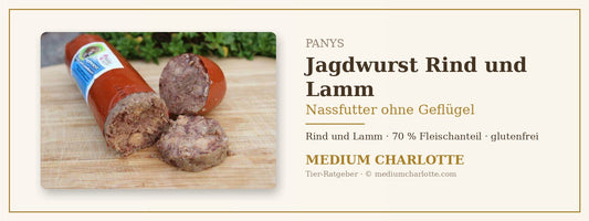Nassfutter ohne Geflügel – PANYS Jagdwurst Rind und Lamm angeschnitten