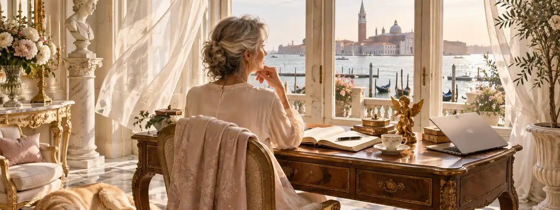 Frau am Schreibtisch vor venezianischem Fenster mit Blick auf die Lagune – KI-erstelltes Beitragsbild zu Nebenjob mit Sinn