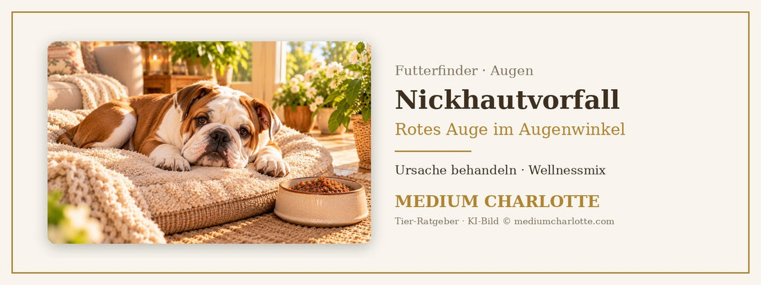 Nickhautvorfall beim Hund – junge Englische Bulldogge liegt entspannt auf einem Kissen, daneben ein Napf mit Feuchtfutter