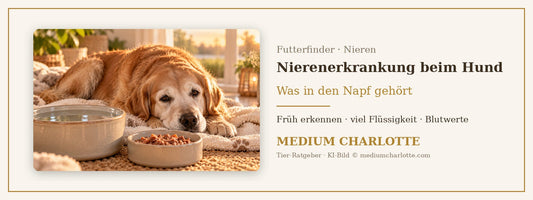 Nierenerkrankung beim Hund – älterer Golden Retriever liegt neben einer grossen Wasserschale und seinem Futternapf