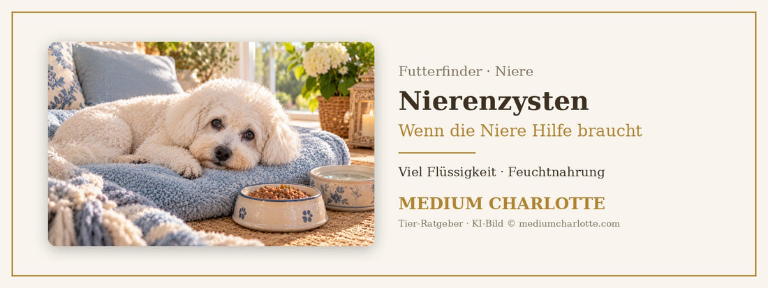 Nierenzysten beim Hund – älterer Bichon Frisé liegt auf einem weichen Kissen, daneben ein Napf mit Feuchtfutter und frisches Wasser