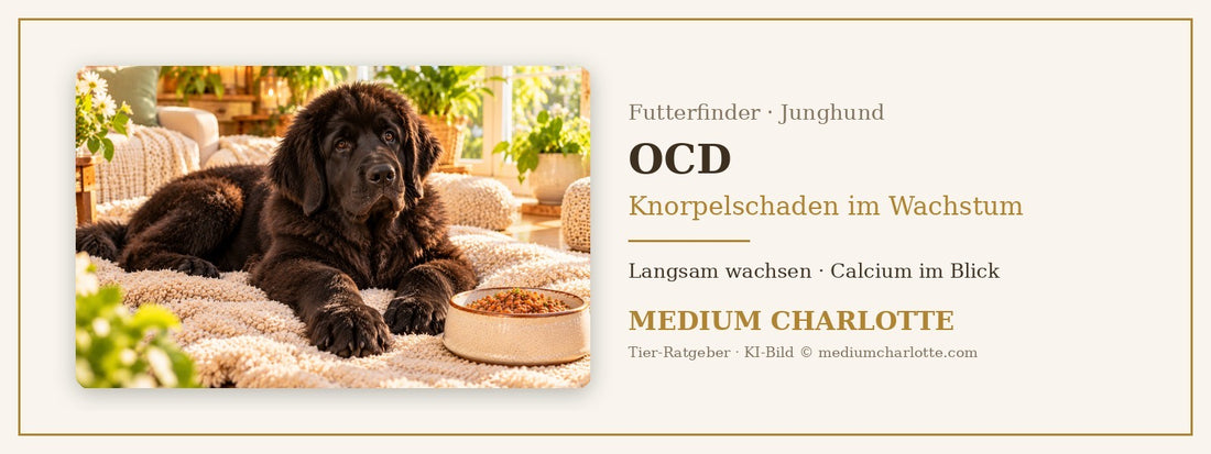 OCD beim Junghund – junger Neufundländer liegt auf einer grossen Decke im Wohnzimmer, daneben ein Napf mit Feuchtfutter