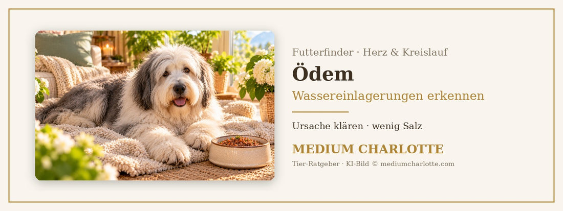 Ödem beim Hund – älterer Bobtail liegt ruhig auf einer hellen Decke im Wohnzimmer, daneben ein Napf mit Feuchtfutter